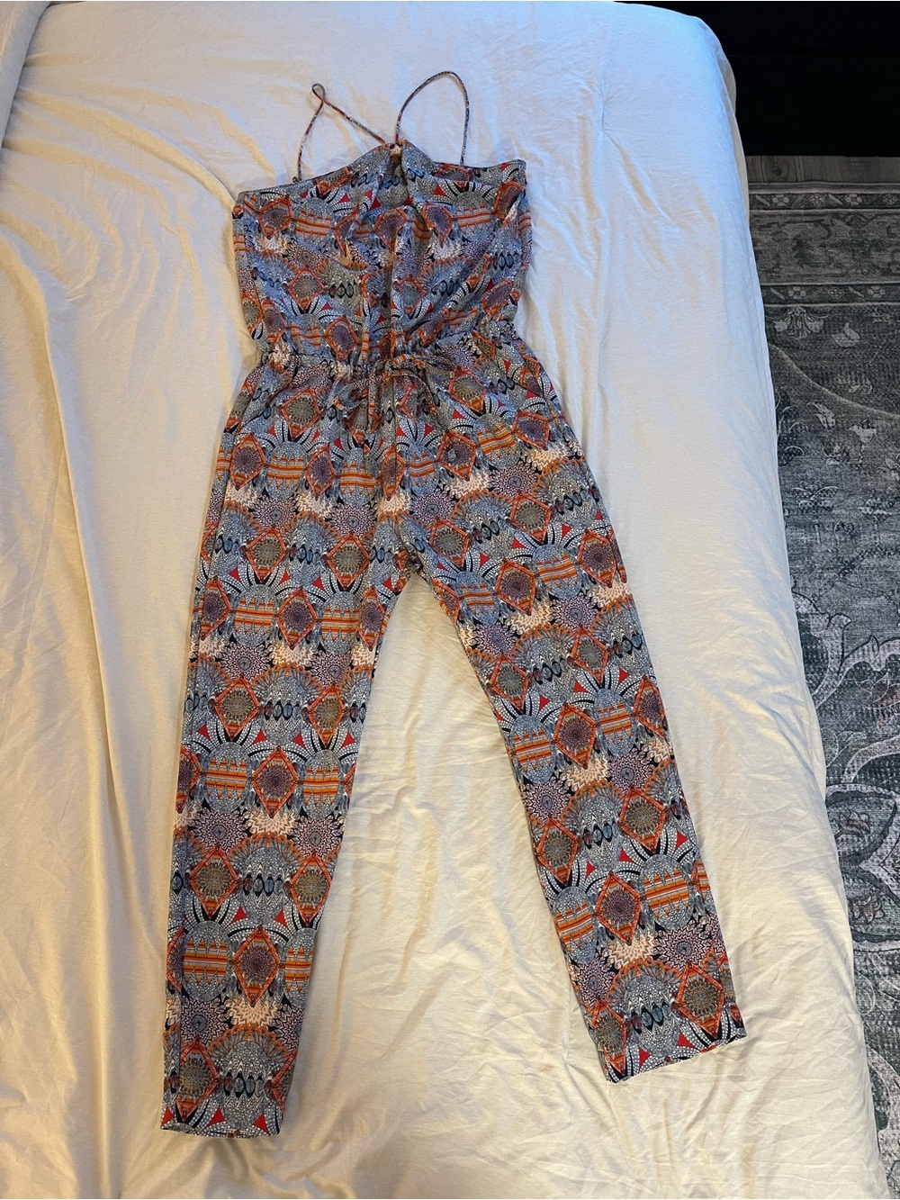 Zara Printed Spaghetti- Strap Jumpsuit in Blue and Orange